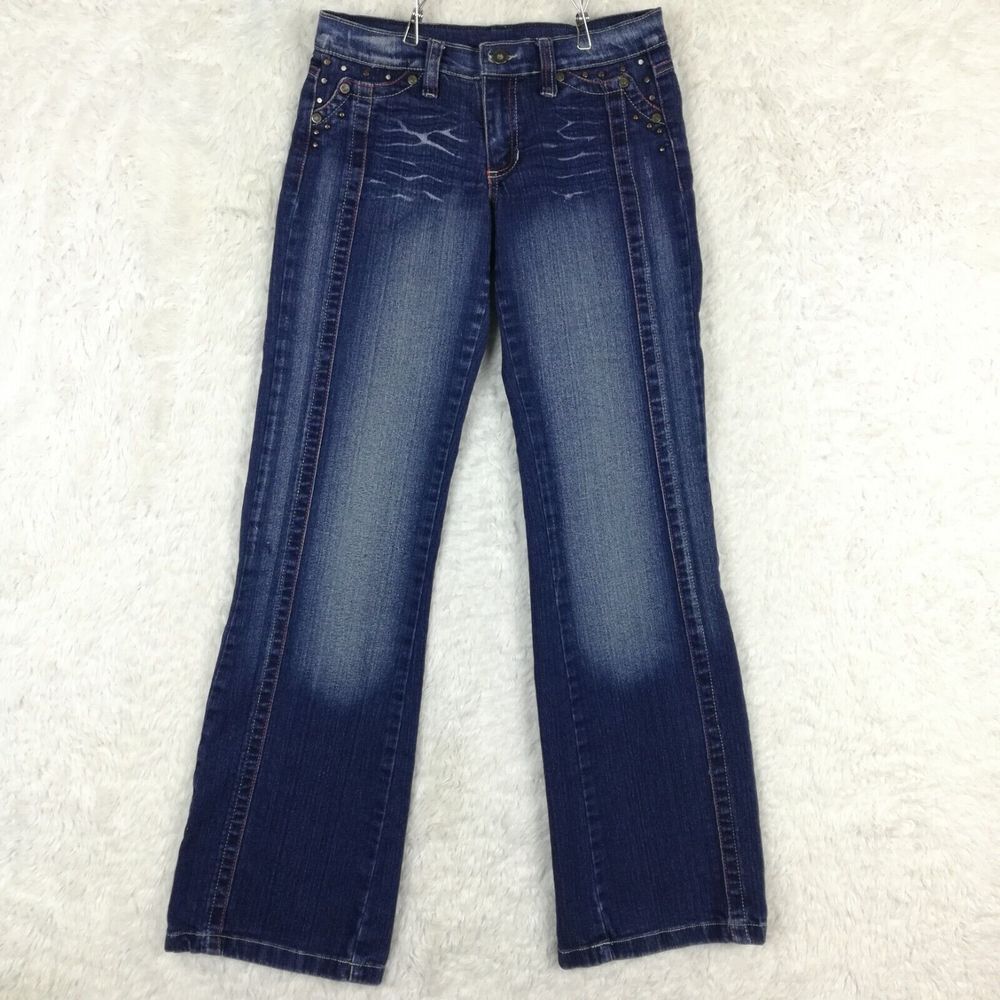 Diesel Womens Jeans Flare Leg Denim Blue Studded Flap Pocket Seamed Whiskered 10